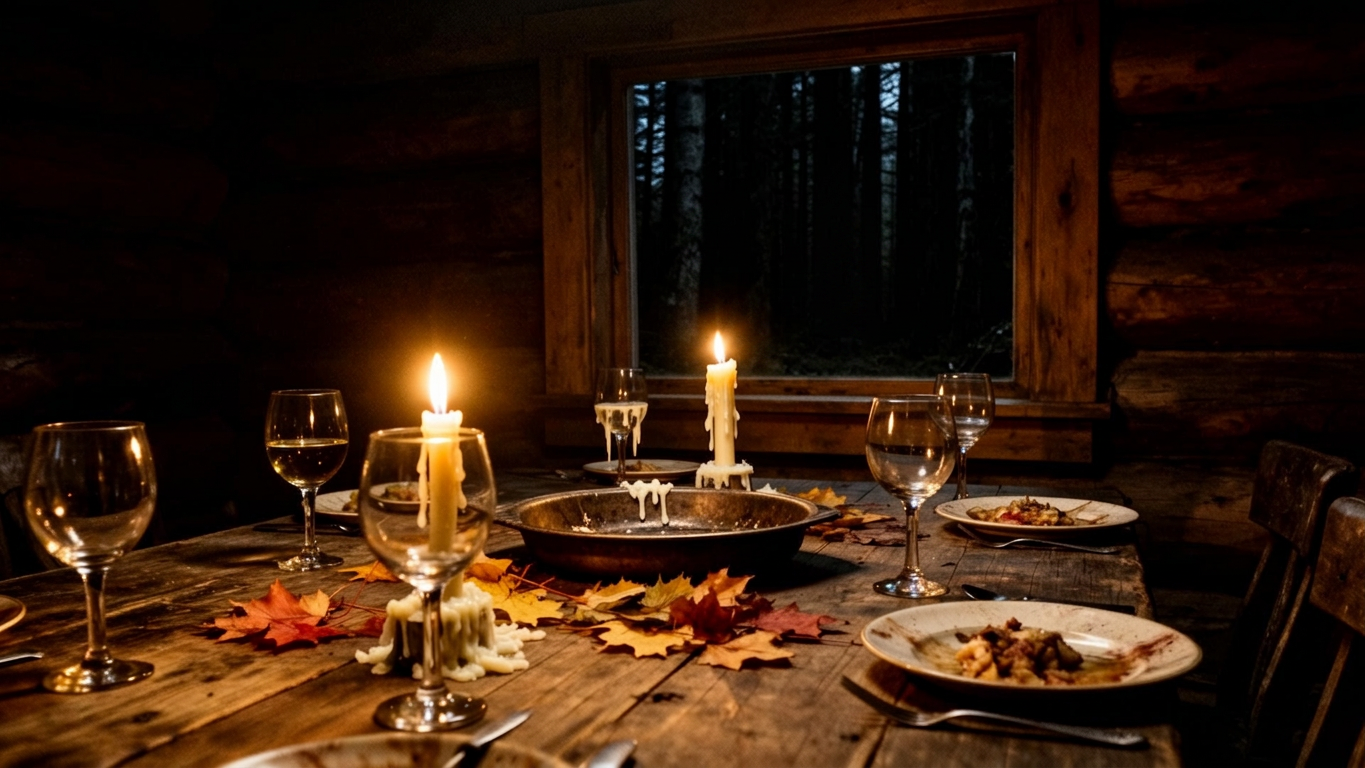 A cabin table after a feast, candles burning